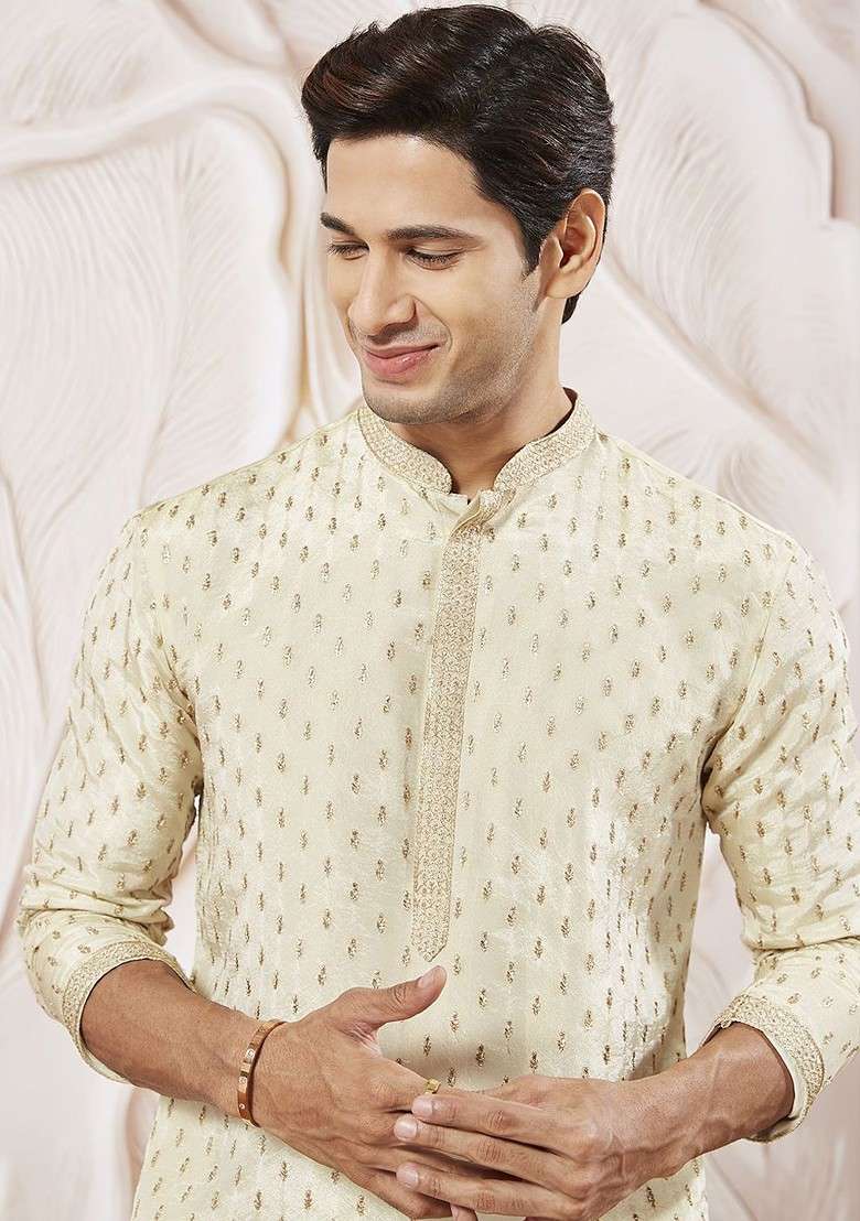 Cream Floral Print Silk Kurta For Men - Indya