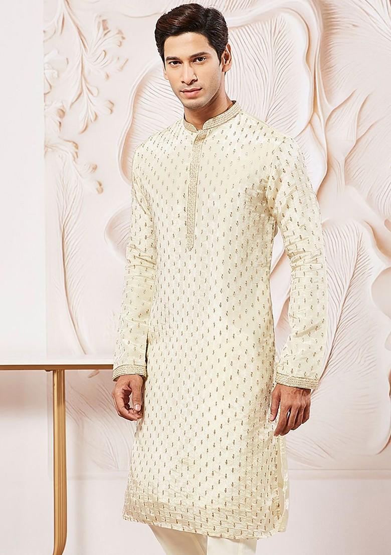 Cream Floral Print Silk Kurta For Men