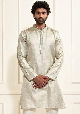 Beige Floral Print Jacquard Kurta For Men