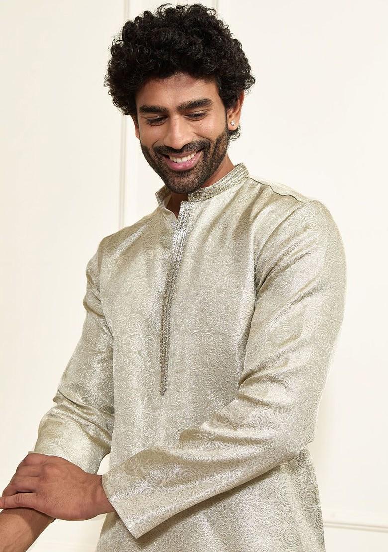 Beige Floral Print Jacquard Kurta For Men