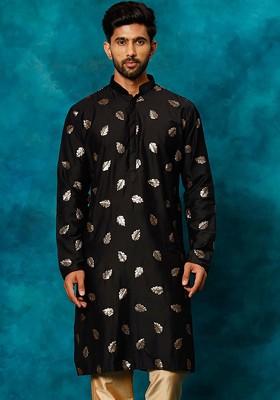 Black Thread Work Poly Blend Kurta For Men