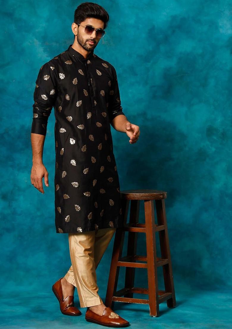 Black Thread Work Poly Blend Kurta For Men