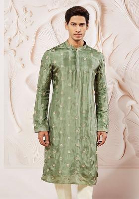Green Floral Print Silk Kurta For Men