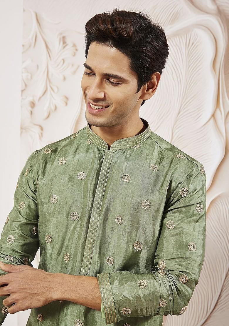 Green Floral Print Silk Kurta For Men