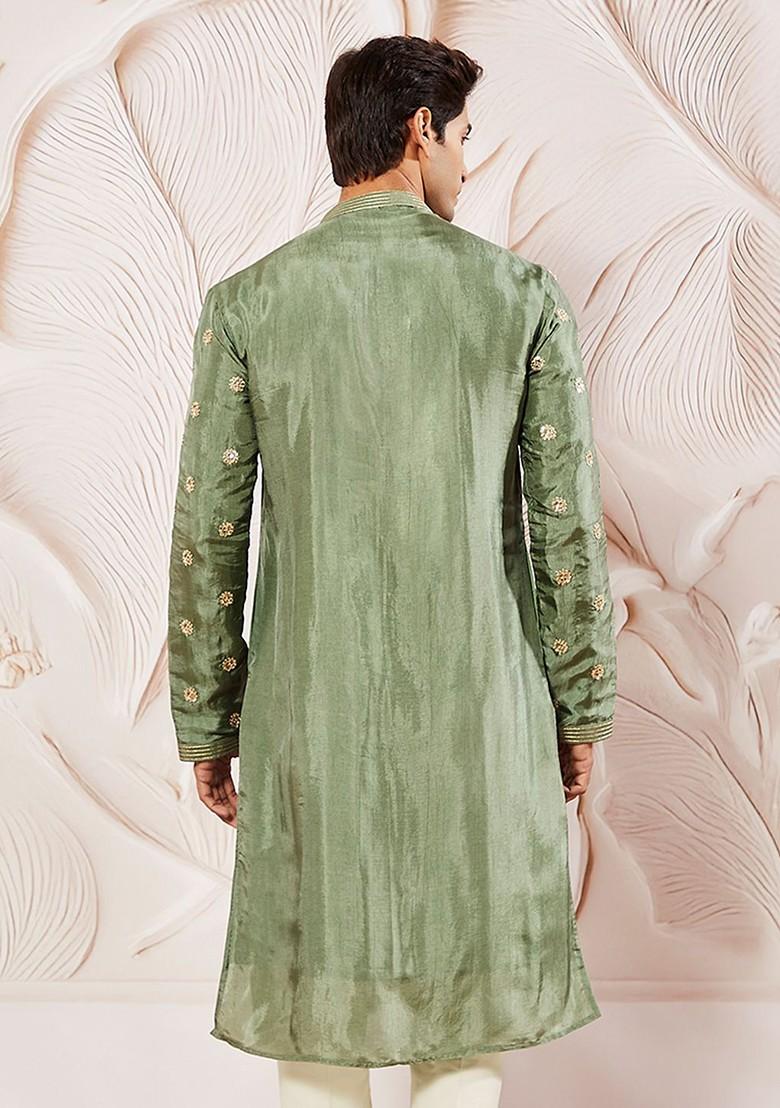 Green Floral Print Silk Kurta For Men