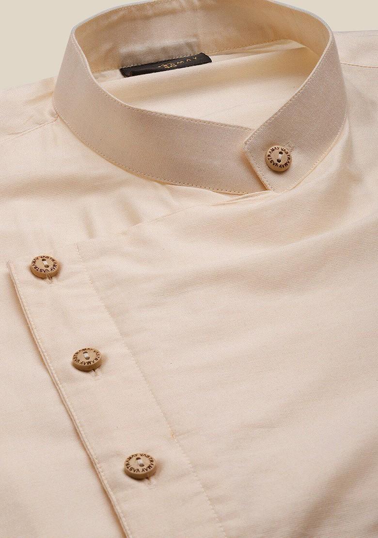 Cream Solid Poly Blend Kurta For Men
