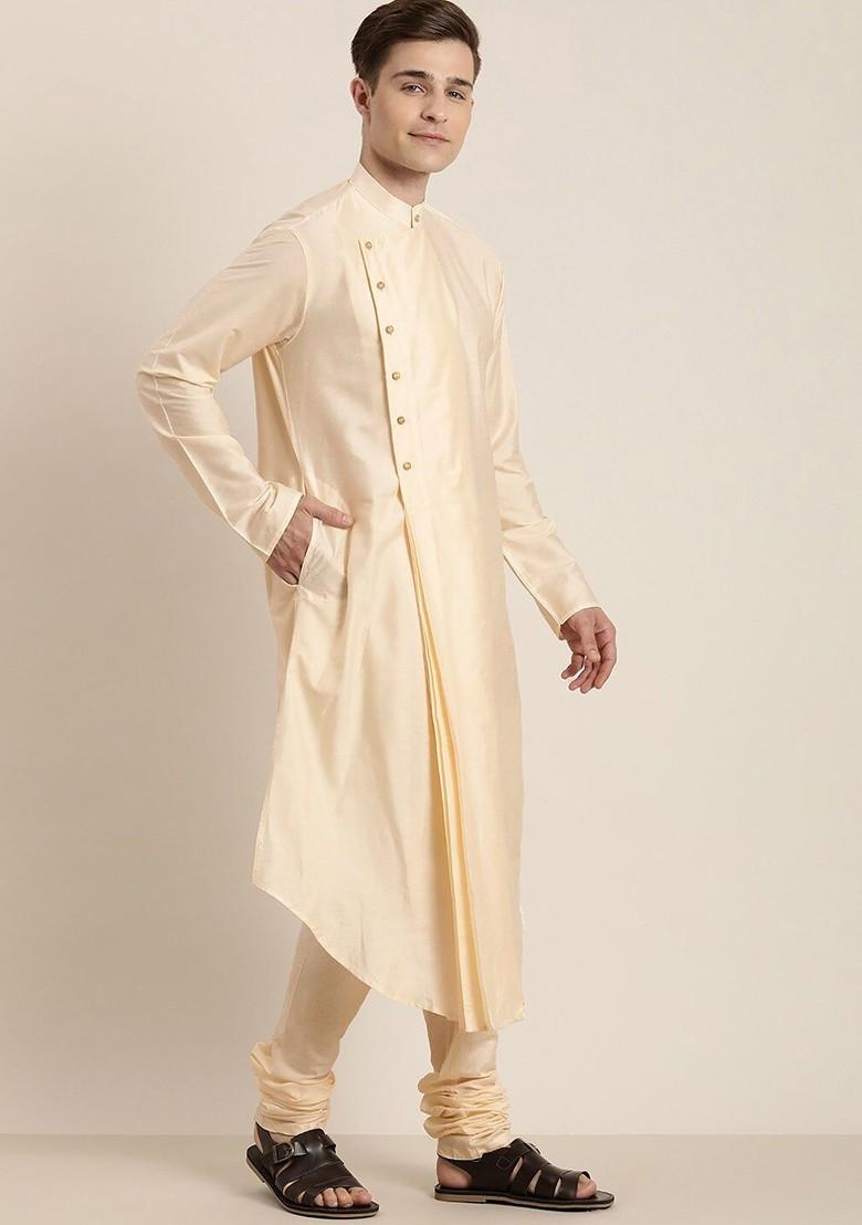 Cream Solid Poly Blend Kurta For Men