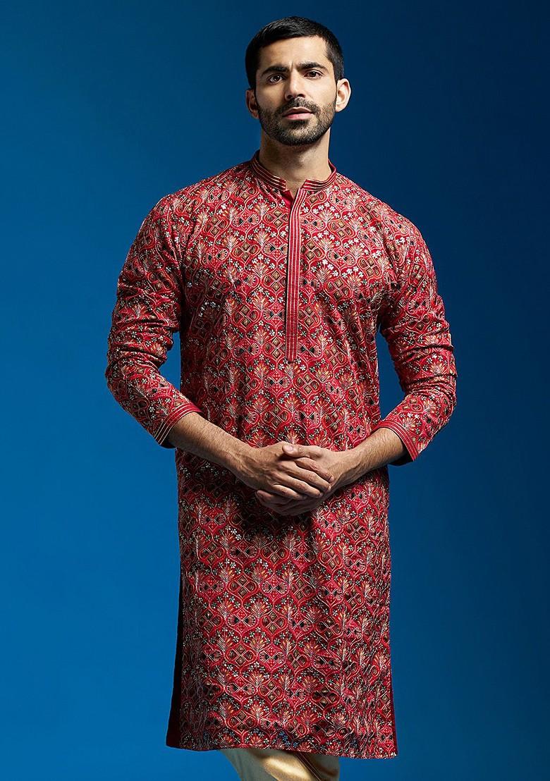 Red Floral Print Chiffon Kurta For Men
