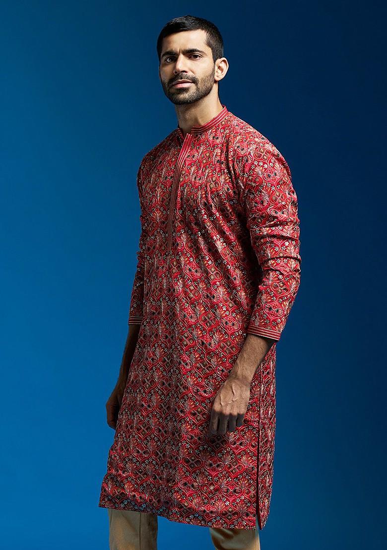 Red Floral Print Chiffon Kurta For Men