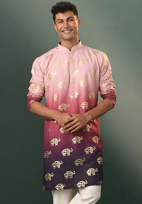 Purple Printed Poly Blend Kurta For Men