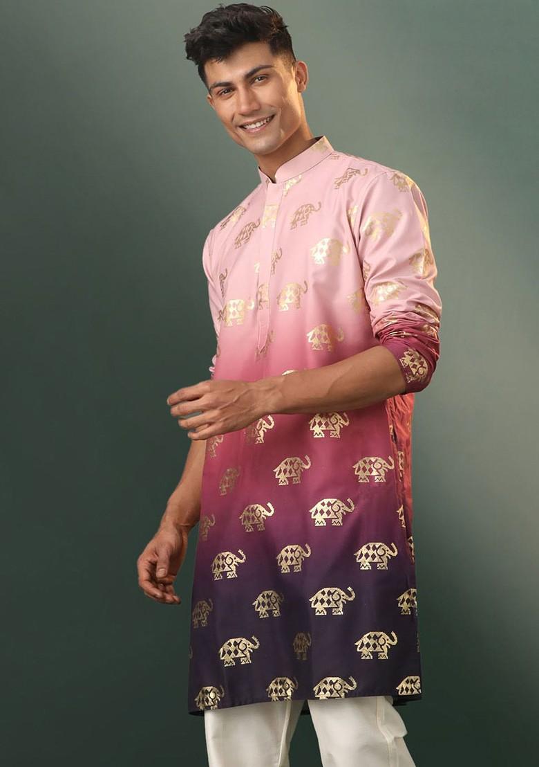 Purple Printed Poly Blend Kurta For Men