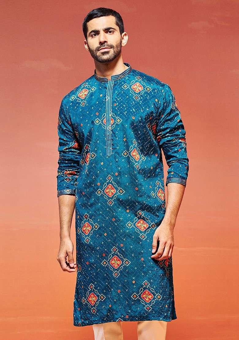 Turquoise Blue Bandhani Print Poly Blend Kurta For Men - Indya