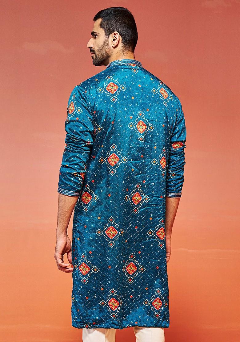 Turquoise Blue Bandhani Print Poly Blend Kurta For Men