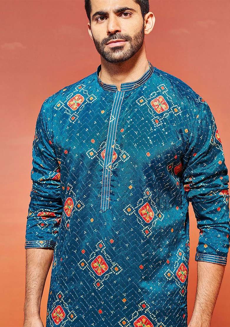 Turquoise Blue Bandhani Print Poly Blend Kurta For Men - Indya