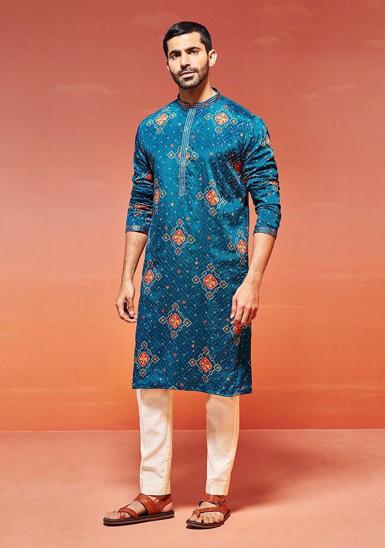 Turquoise Blue Bandhani Print Poly Blend Kurta For Men