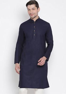 Navy Blue Solid Poly Blend Kurta For Men