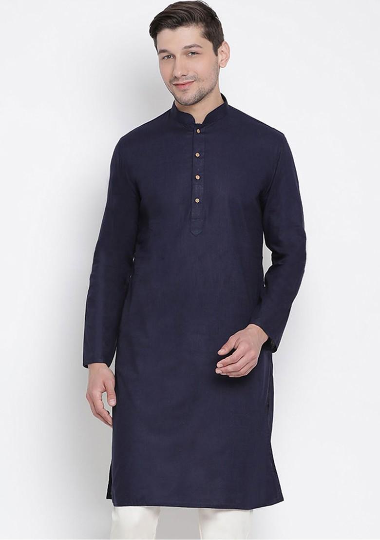 Navy Blue Solid Poly Blend Kurta For Men