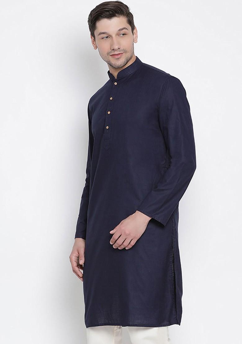 Navy Blue Solid Poly Blend Kurta For Men