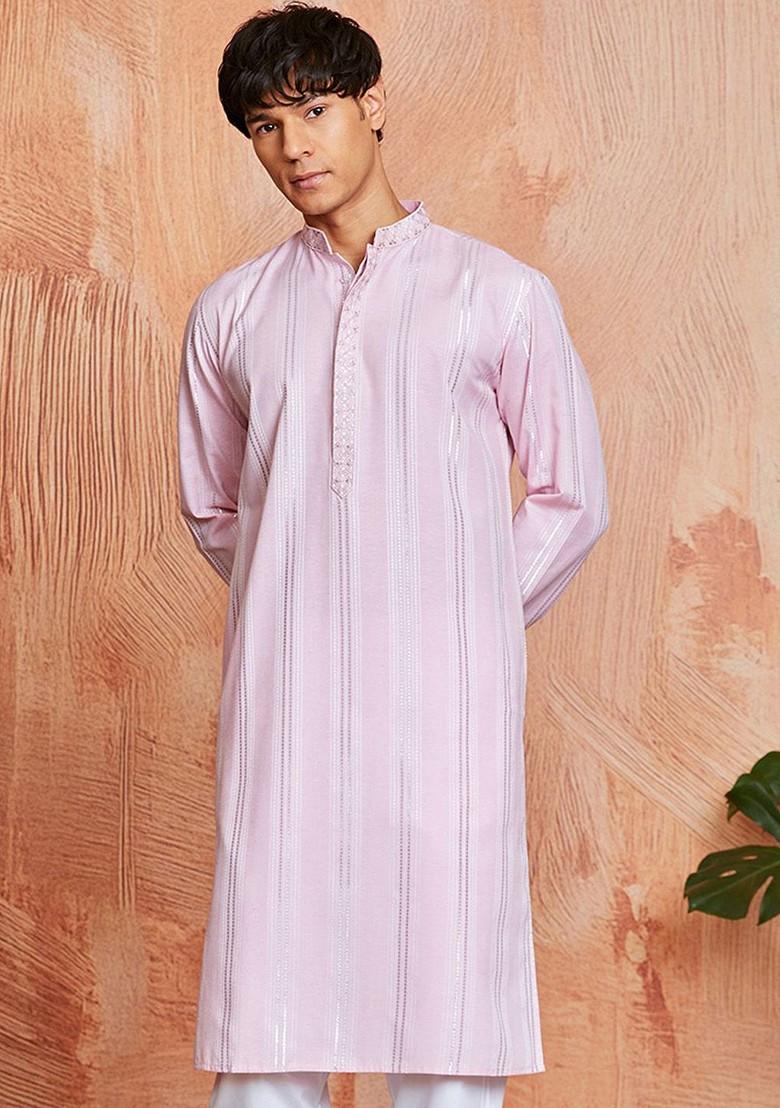 Pink Embroidered Jacquard Kurta For Men