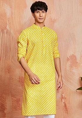 Yellow Printed Cotton Kurta For Men