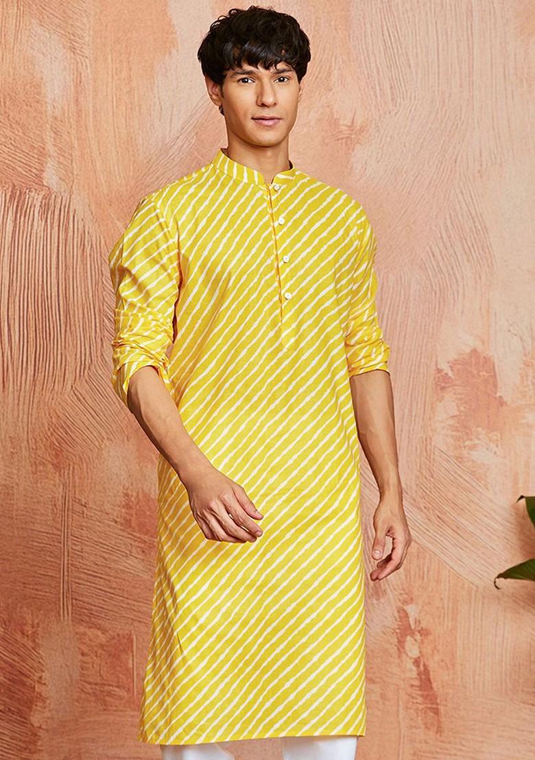 Yellow Printed Cotton Kurta For Men