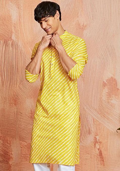 Yellow Printed Cotton Kurta For Men
