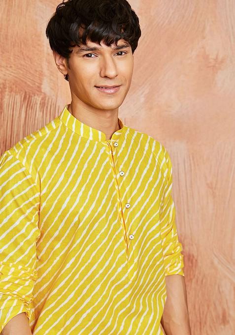Yellow Printed Cotton Kurta For Men