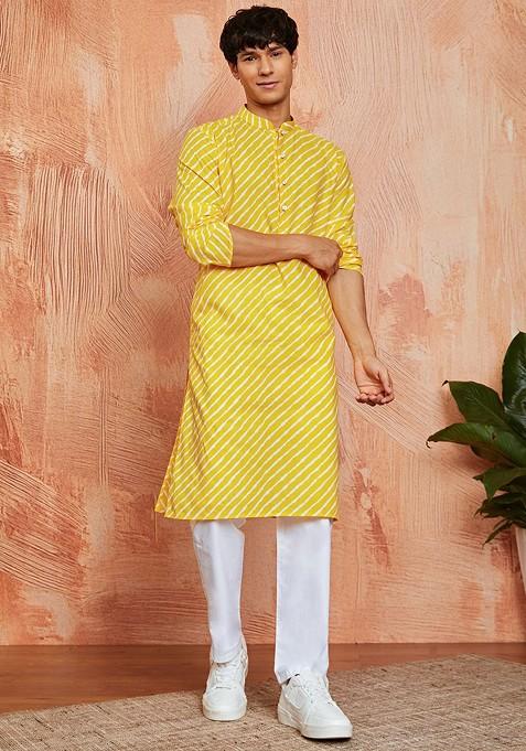 Yellow Printed Cotton Kurta For Men