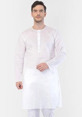White Solid Poly Blend Kurta For Men