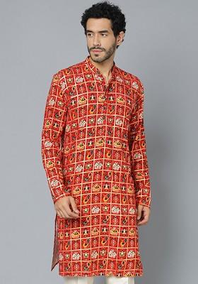 Red Ethnic Motifs Poly Blend Kurta For Men