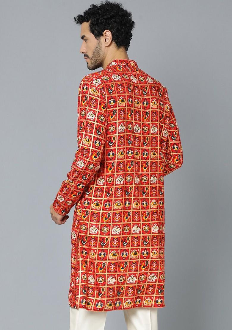 Red Ethnic Motifs Poly Blend Kurta For Men