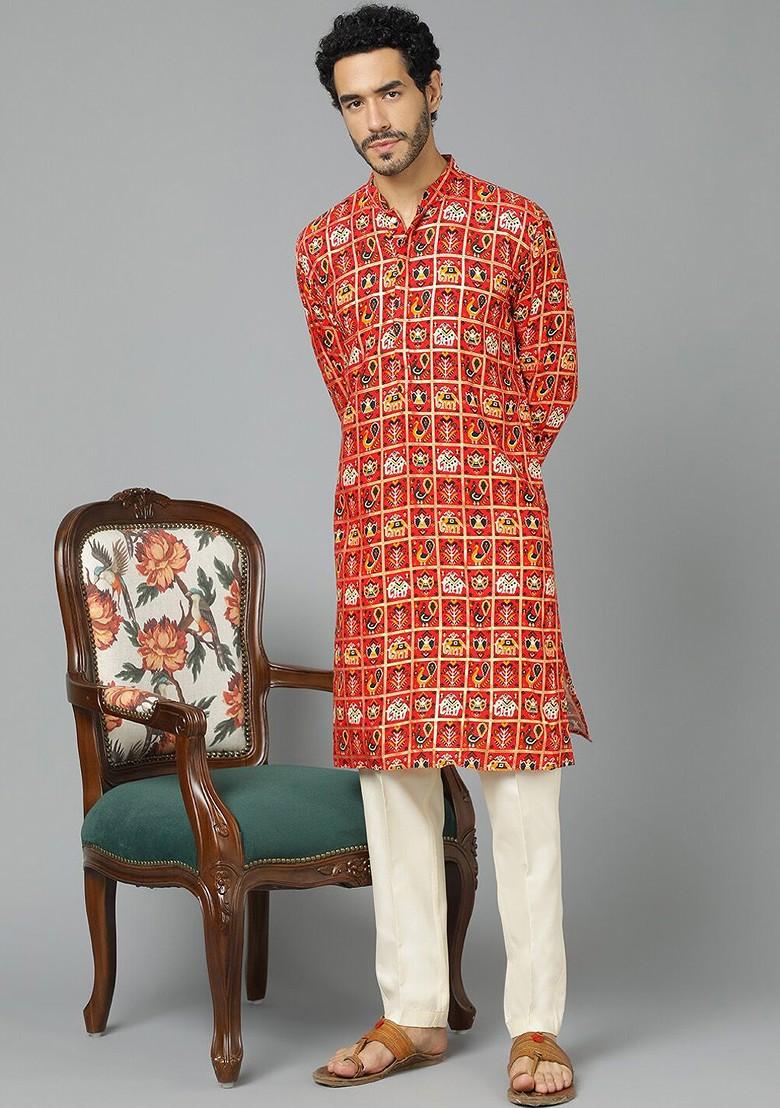 Red Ethnic Motifs Poly Blend Kurta For Men