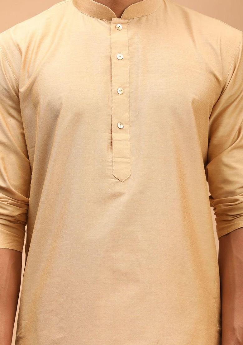 Gold Solid Poly Blend Kurta For Men