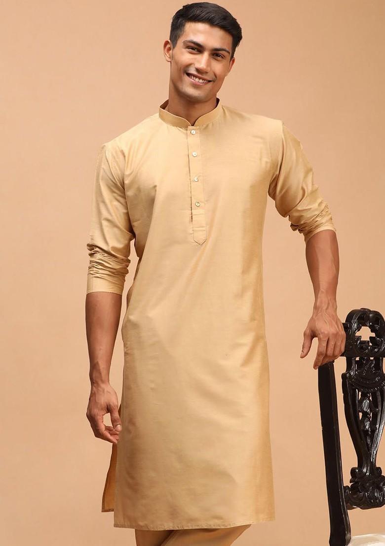 Gold Solid Poly Blend Kurta For Men