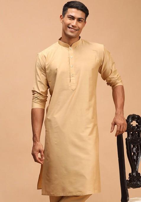 Gold Solid Poly Blend Kurta For Men