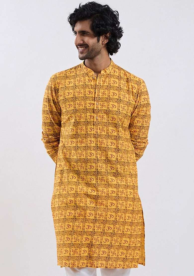 Yellow Ethnic Motifs Cotton Kurta For Men - Indya