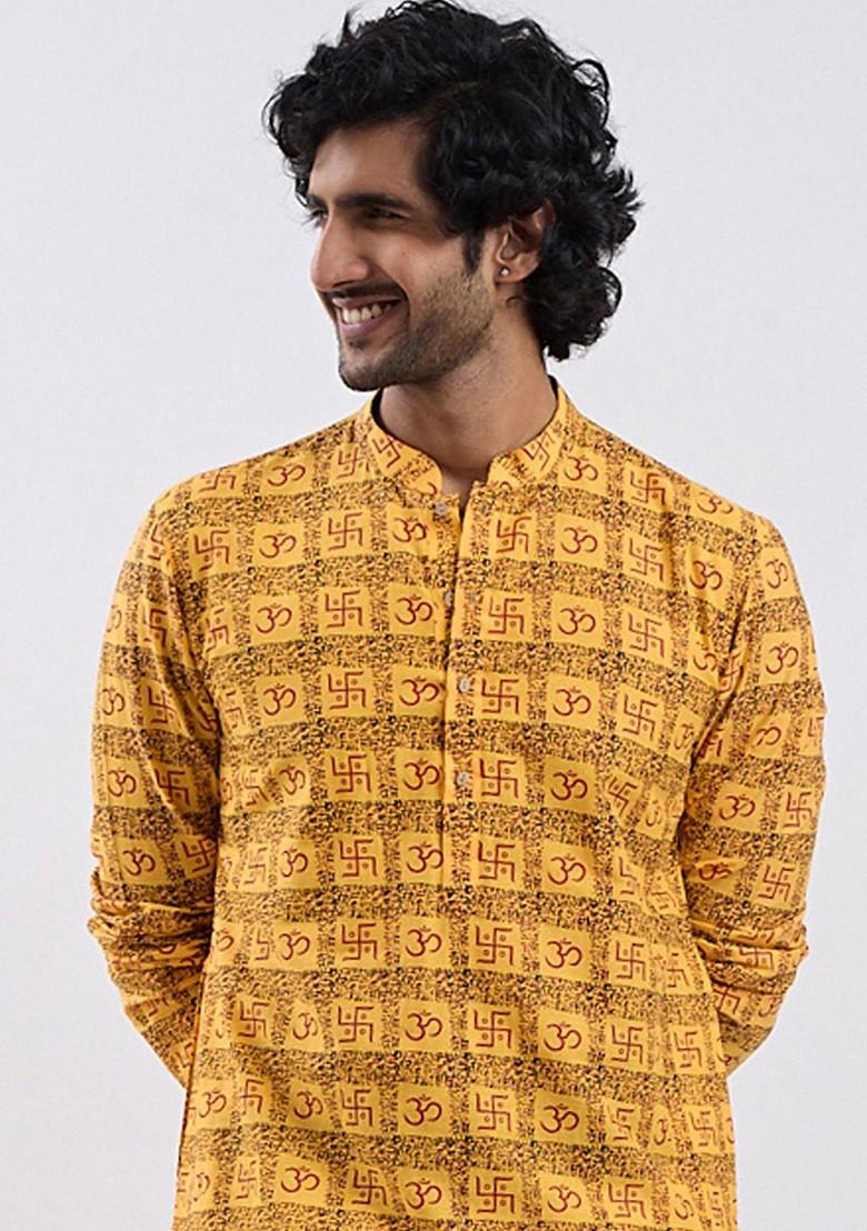 Yellow Ethnic Motifs Cotton Kurta For Men