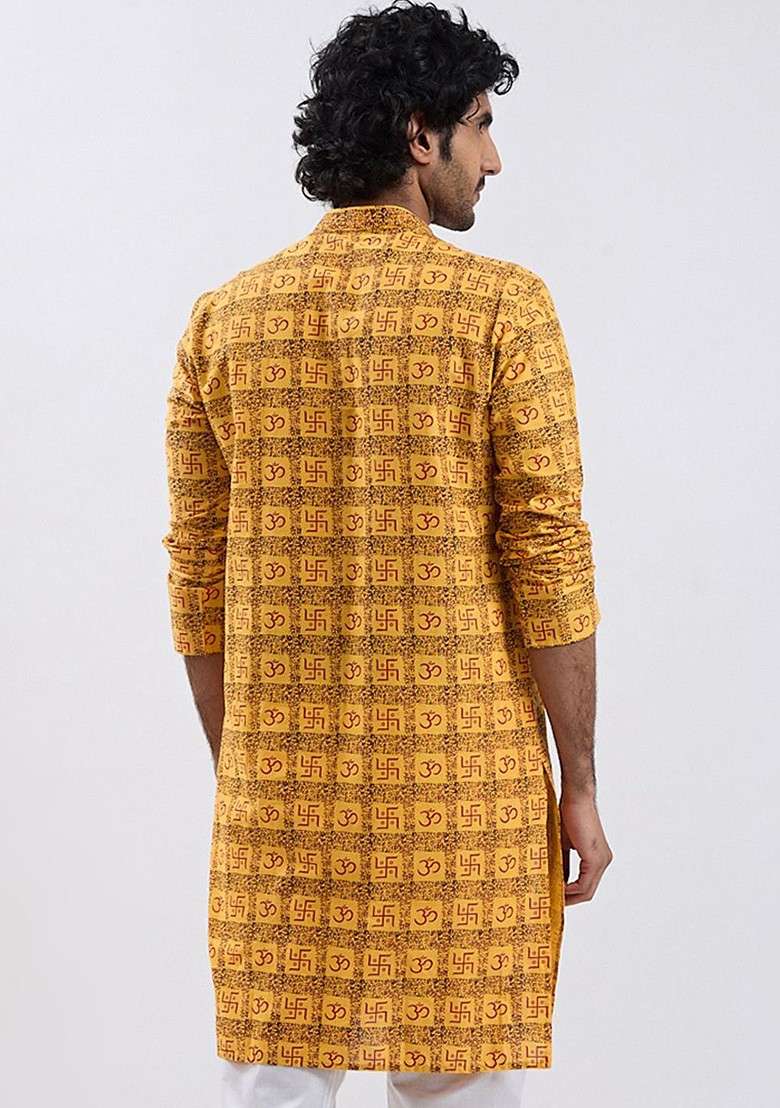 Yellow Ethnic Motifs Cotton Kurta For Men - Indya