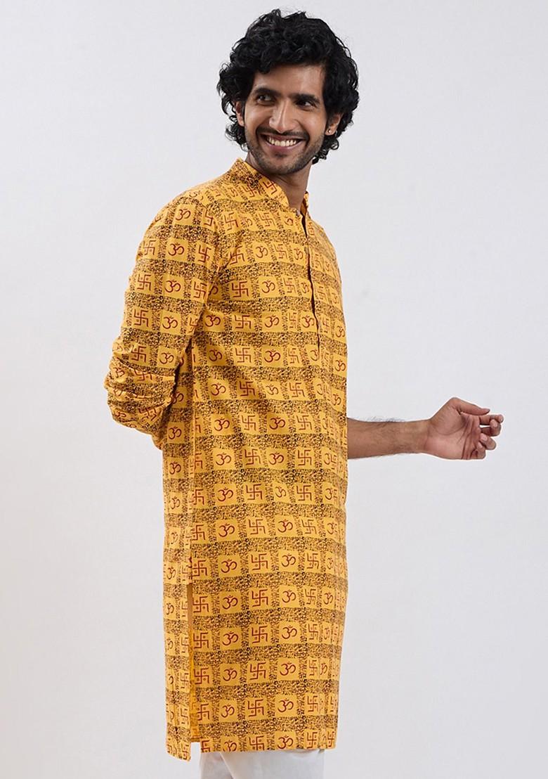 Yellow Ethnic Motifs Cotton Kurta For Men