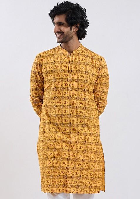 Yellow Ethnic Motifs Cotton Kurta For Men