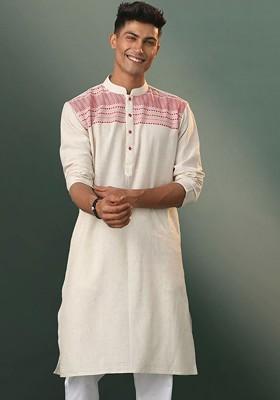 Cream Thread Work Cotton Kurta For Men
