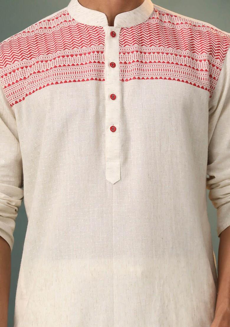 Cream Thread Work Cotton Kurta For Men