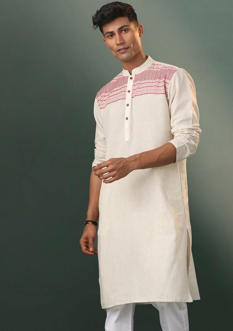 Cream Thread Work Cotton Kurta For Men