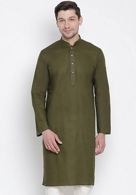 Olive Solid Poly Blend Kurta For Men