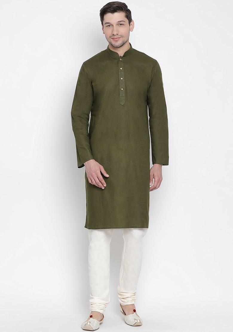 Olive Solid Poly Blend Kurta For Men