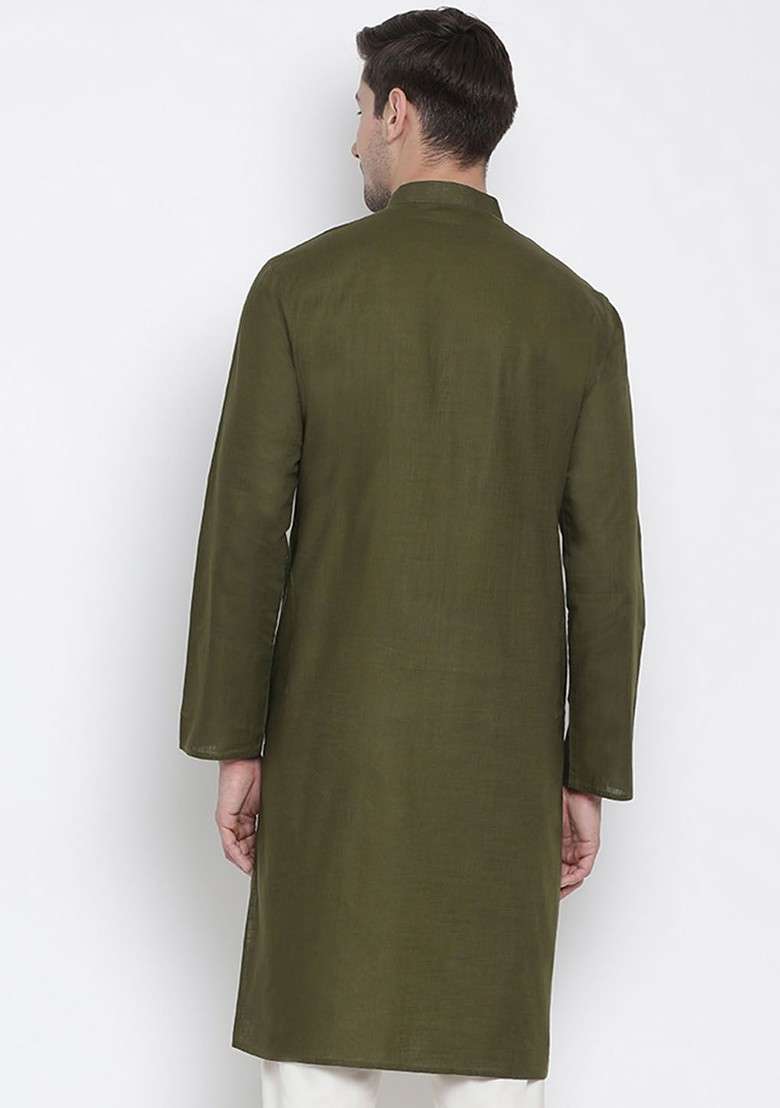 Olive Solid Poly Blend Kurta For Men - Indya