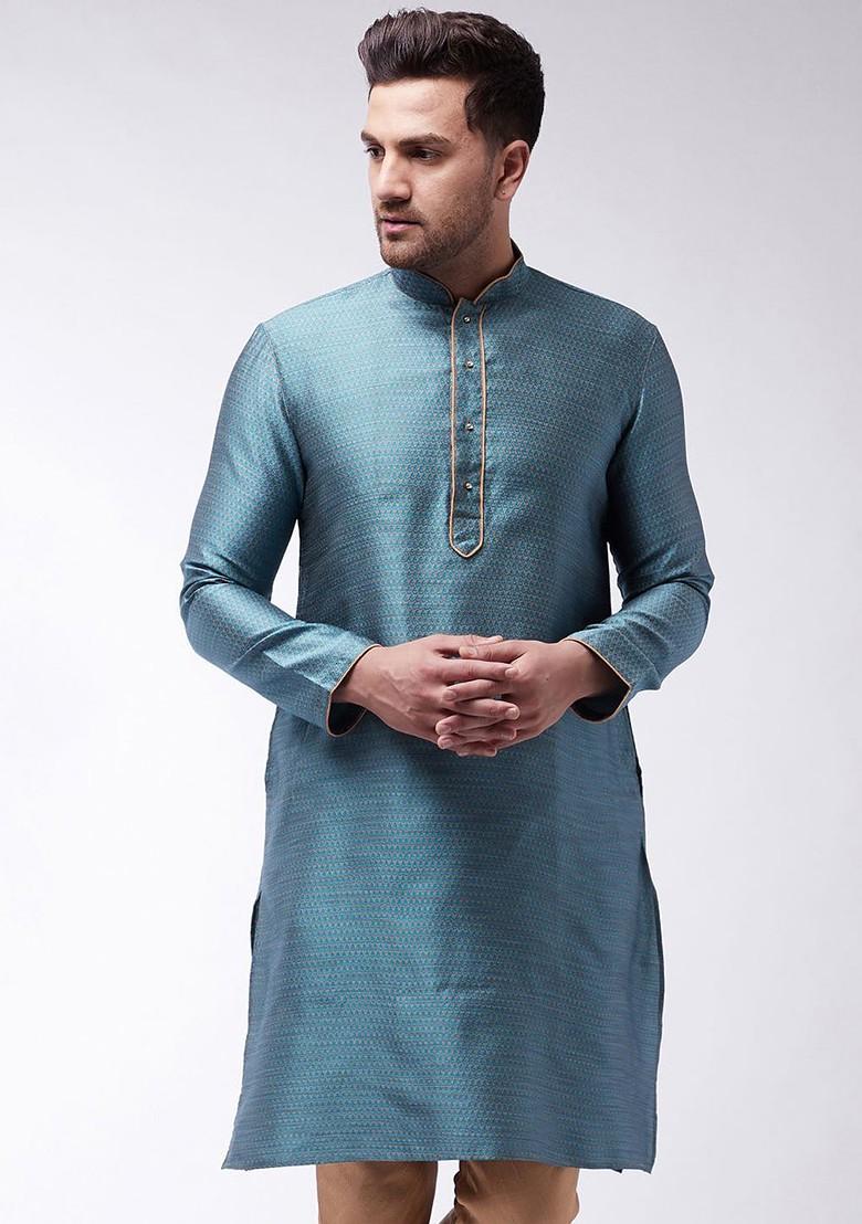 Blue Solid Silk Kurta For Men