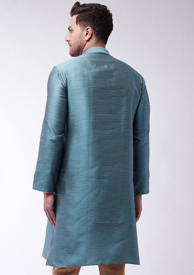 Blue Solid Silk Kurta For Men