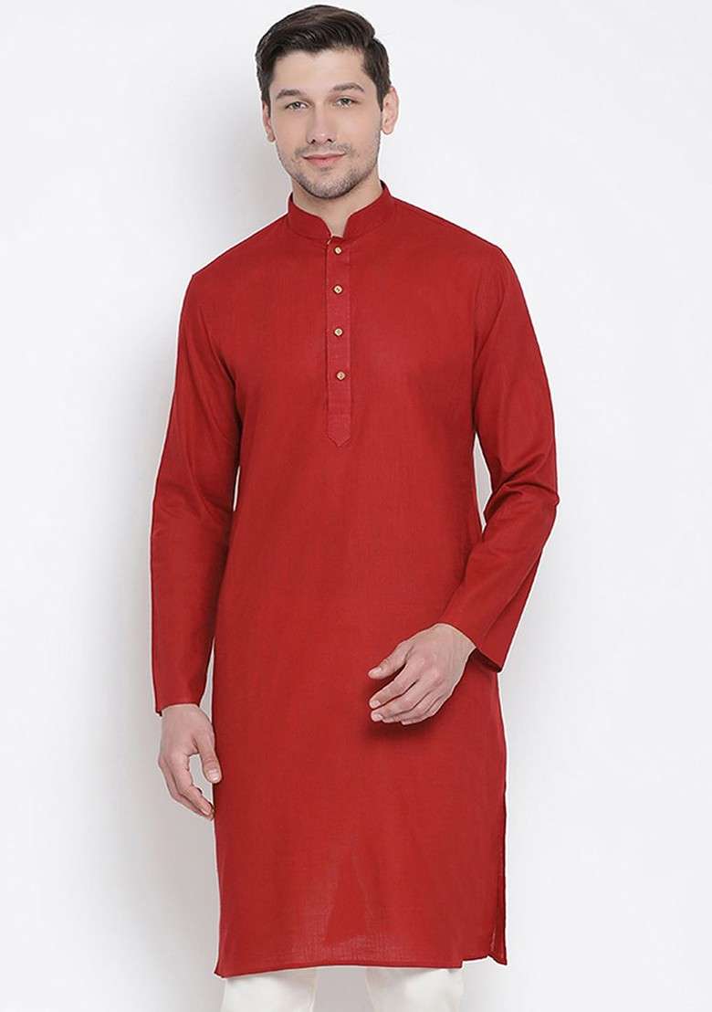 Red Solid Poly Blend Kurta For Men - Indya