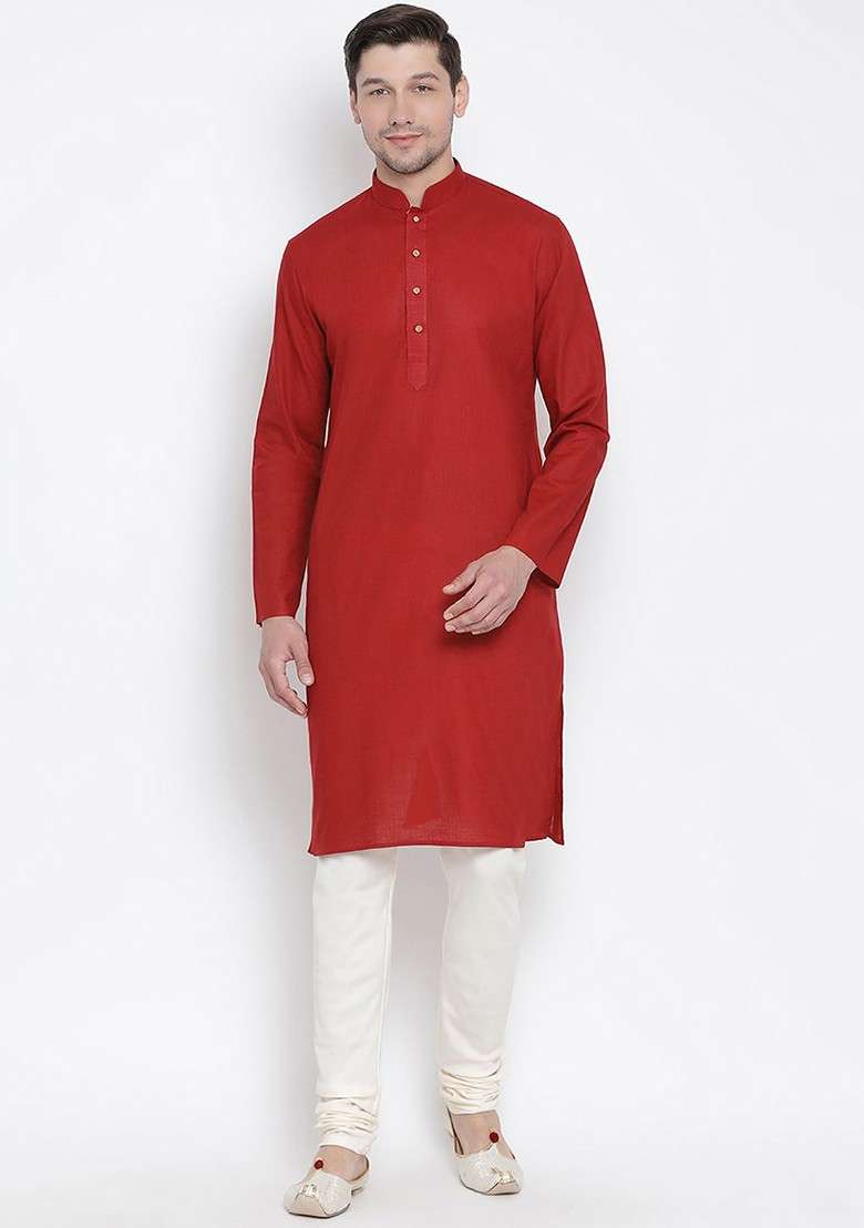 Red Solid Poly Blend Kurta For Men - Indya